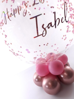Table centrepiece, personalised balloon in a box. Rose gold and pink