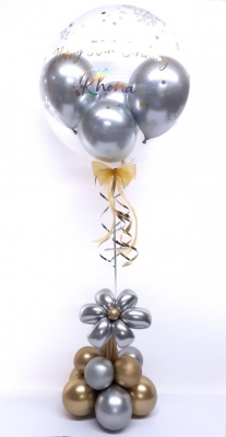 Balloon flower gift in a box, silver and gold