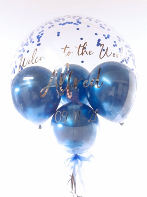Balloon flower gift in a box, blue and silver