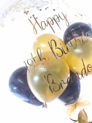 Personalised balloon in a box, black and gold with confetti