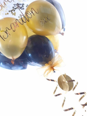 Personalised balloon in a box, black and gold with confetti