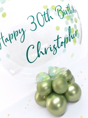 Table centrepiece, personalised balloon in a box. Green.