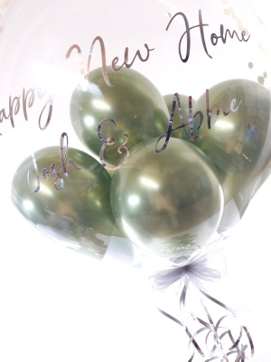 Balloon flower gift in a box, green and silver