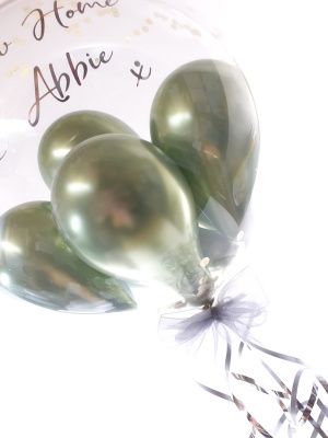 Balloon flower gift in a box, green and silver