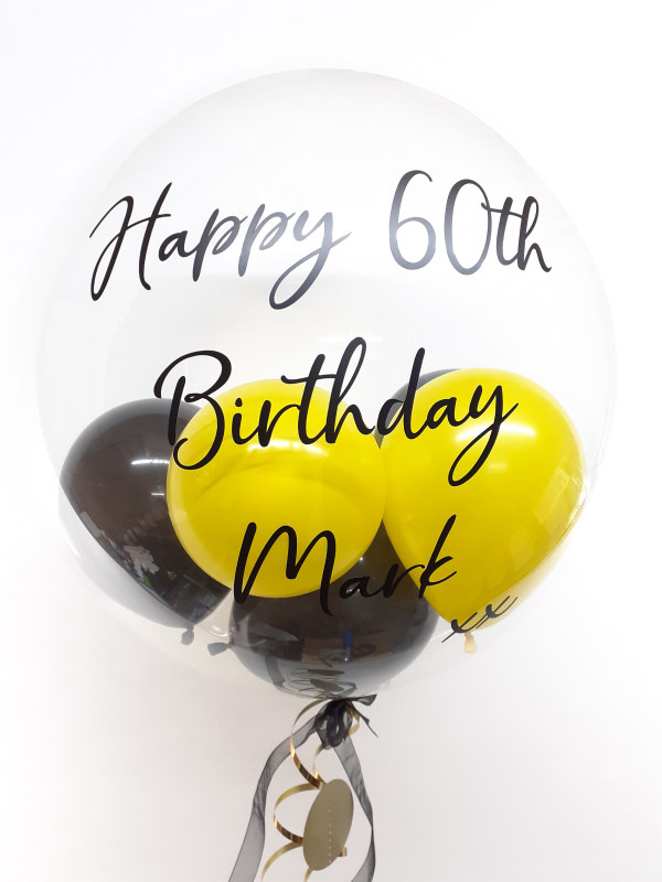 Personalised balloon in a box, black and yellow