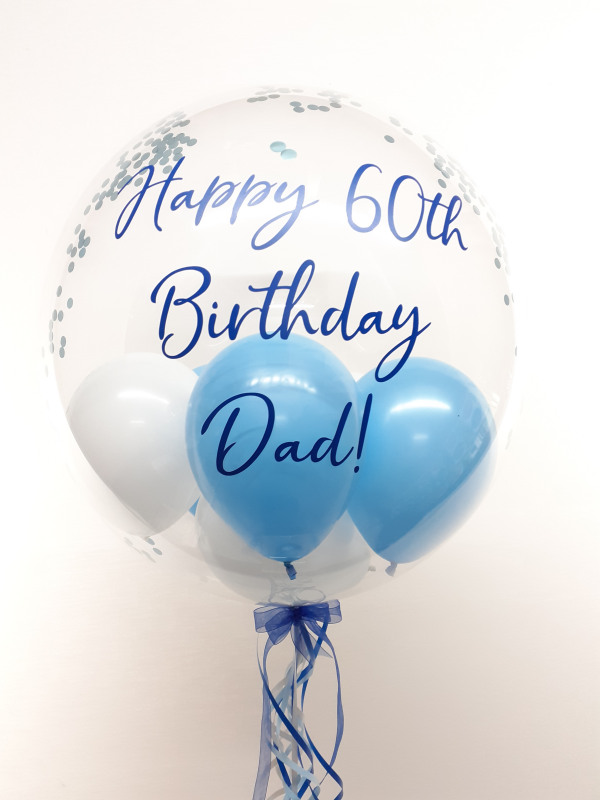 Personalised confetti balloon in a box, blue and white