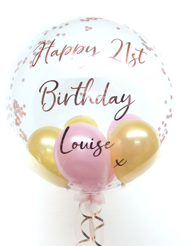 Personalised confetti balloon in a box, gold and pink glitz