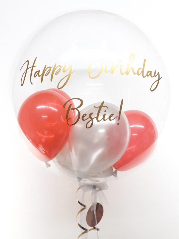 Personalised balloon in a box, red and silver