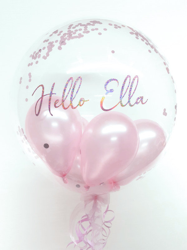 Personalised confetti balloon in a box, pink holographic
