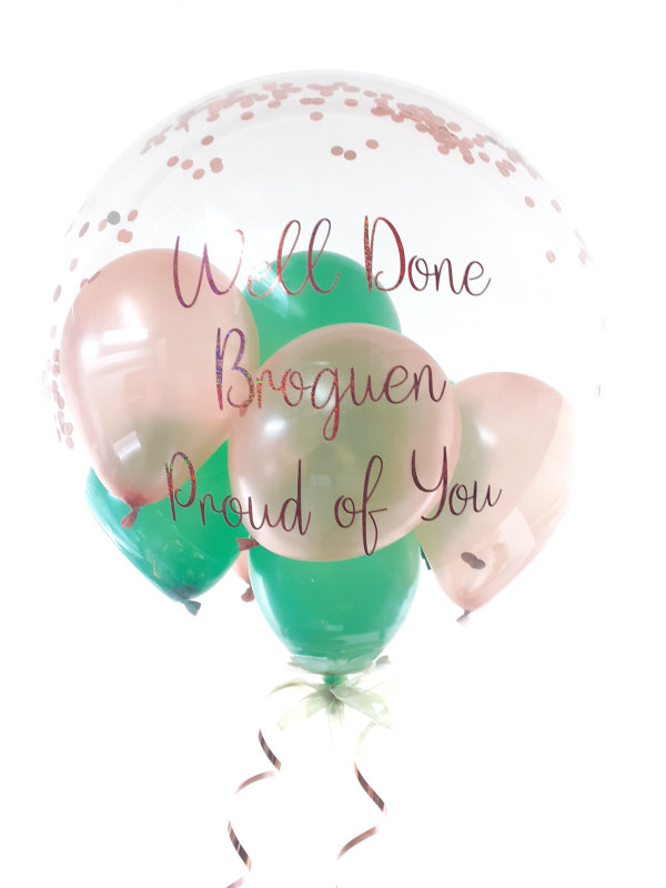 Personalised Congratulations balloon in rose gold and green