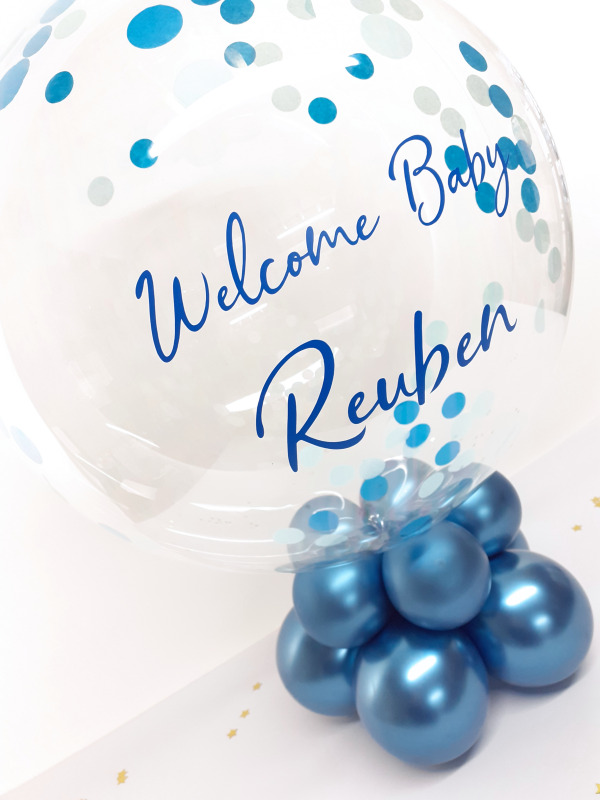 Table centrepiece, personalised balloon in a box. Blues.