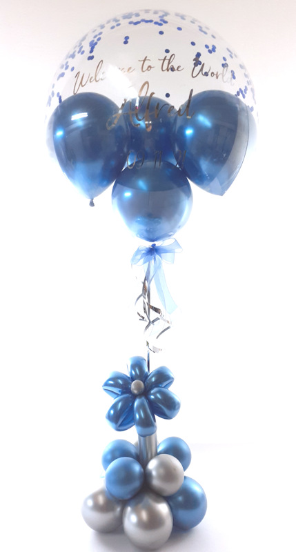 Balloon flower gift in a box, blue and silver