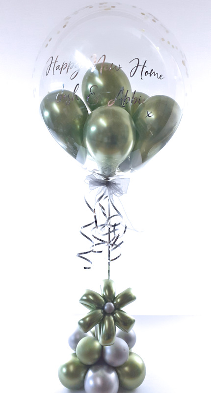 Balloon flower gift in a box, green and silver