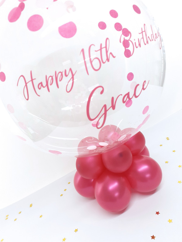Table centrepiece, personalised balloon in a box. Pinks
