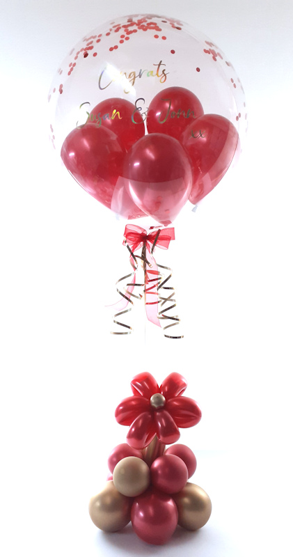 Balloon flower gift in a box, red and gold