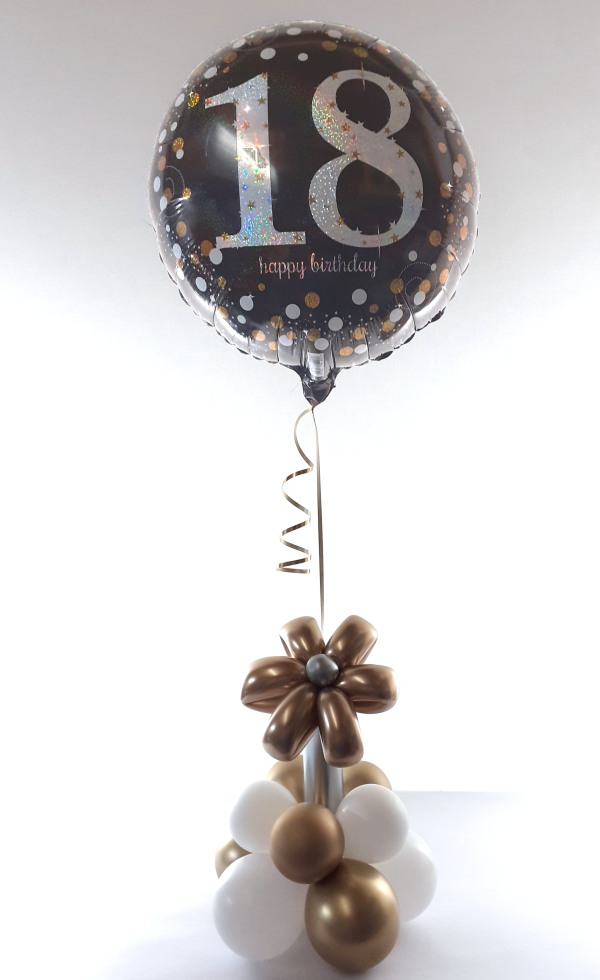 Birthday helium balloon with flower base, gold