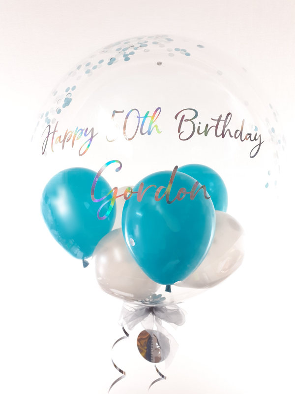 Personalised confetti balloon in a box, teal and silver glitz