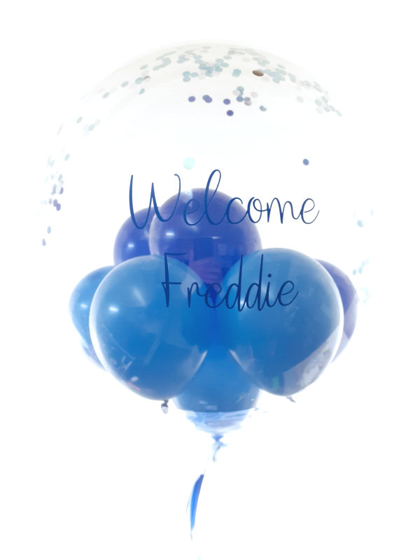 Personalised new baby balloon in shades of blue