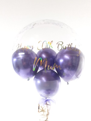 Balloon flower gift in a box, purple and gold