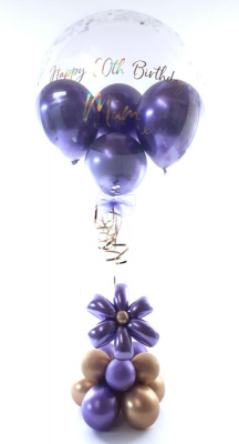 Balloon flower gift in a box, purple and gold