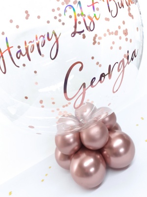 Table centrepiece, personalised balloon in a box. Rose gold