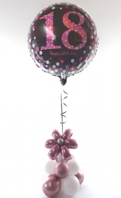Birthday helium balloon with flower base, pink