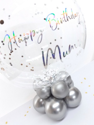 Table centrepiece, personalised balloon in a box. Silver