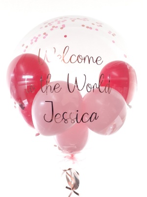 Personalised new baby balloon in shades of pink with rose gold